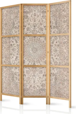 A three-panel room divider with a Persian carpet pattern.