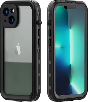 A black protective case for an iPhone is shown from two angles: the back and the front.