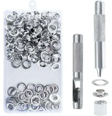 Produktbild von 100er-Set 14 mm Ösen, Ösenwerkzeug, Metallösen-Set mit Werkzeug, Ösen für die Reparatur von Planen, Zelten, silberfarben