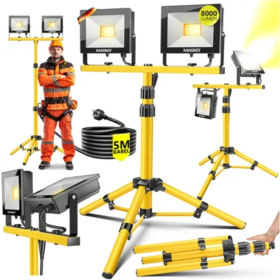 Immagine prodotto di MASKO® Faretto da cantiere a LED con telecomando a treppiede 100W doppio 2x 50W faretto 6500K luce da lavoro luce da lavoro 5m faretto da cantiere lampada da interno esterno altezza regolabile fino a max. 202cm