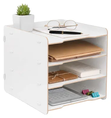 Produktbild von Relaxdays Briefablage, DIN A4, 4 Fächer, HxBxT: 25 x 25 x 31 cm, MDF, Stecksystem, Ablagefächer Büro, Büroablage, weiß
