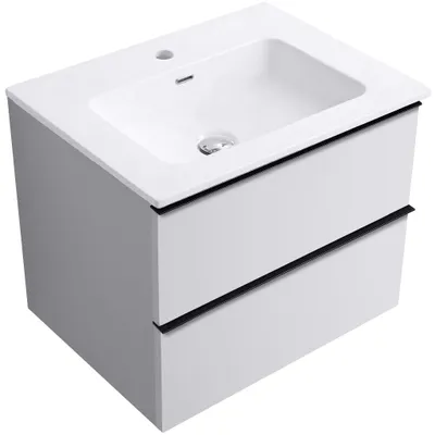 Image de VitrocéramiqueO - Meuble de salle de bains Velora - blanc mat, poignée noire + lavabo en céramique Novo - blanc brillant - 71 x 54,5 x 46,5 cm