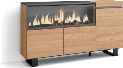 Image de COZY Buffet salon et cuisine, 158x35x87cm, 3 Portes, Cheminée électrique XXL, Chêne