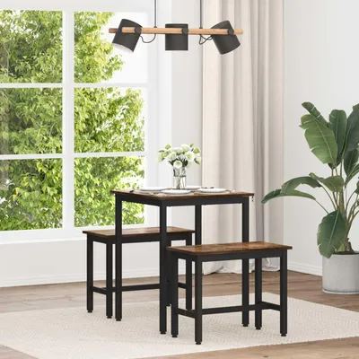A dining set with a table and two benches in a room with a large window and curtains.