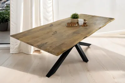 Produktbild von Esstisch Tiger 220 x 100 cm, Mangoholz massiv & naturfarben, Baumkantentisch mit Spider-Metallgestell in Schwarz, echte Baumkante, Esszimmertisch in Vintage-Optik