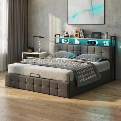 Obrázek produktu pro Postel INONEFT, čalouněná, s pružinovou základnou, 140 x 200 cm, s úložným prostorem, postel pro mládež/dvojlůžko s LED osvětlením a USB porty, postel s úložným prostorem a roštem, materiál: len, barva: šedá