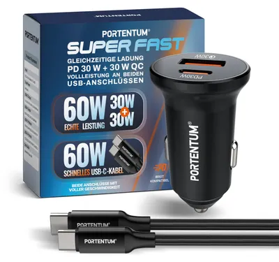Obrázok produktu pre PORTENTUM Zapaľovač cigariet USB-C 60W + 60W kábel USB-C – Dvojitá autonabíjačka