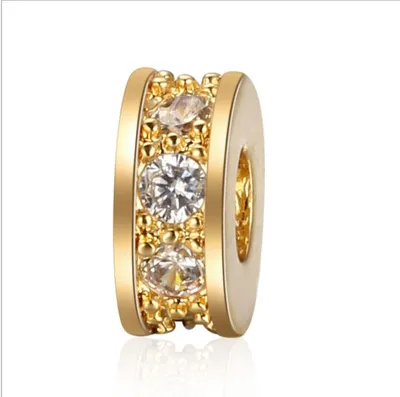 Produktbild von Schmuck-Perlen 5 Stück, Charm Spacer Beads für Armbänder glitzernd, 3x7,5 mm, Gold mit weißem Stein
