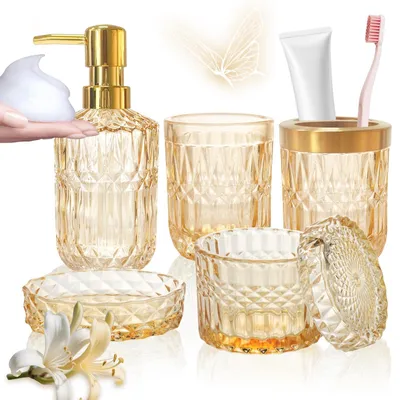 Imagen del producto de Juego de accesorios de baño de 5 piezas en vidrio, color dorado