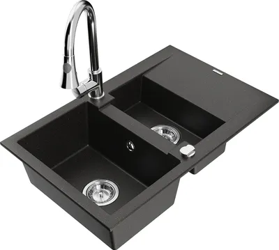 Immagine prodotto di Mexen Gaspar lavello in granito a 1,5 vasche con scolapiatti e rubinetto da cucina Elia, nero/oro metallico - 6507-75-670101-00