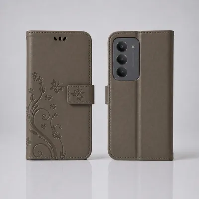 Produktbild von Handy Tasche für Xiaomi Redmi 15 4G Schutz Hülle Handyhülle mit Blumenmuster Klapp Hülle mit Standfunktion und Kartenfächer Farbe: Grau