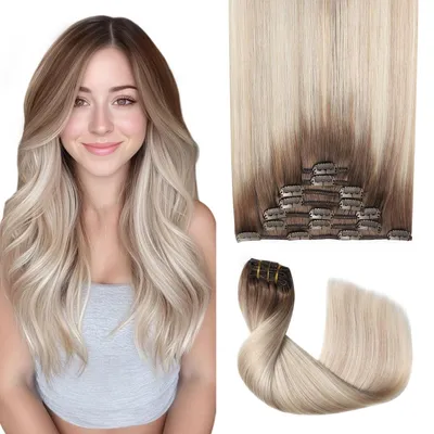 Produktbild von Clip in Haarverlängerungen Echthaar 55cm 7 Stück #8/60/18 Ombre Braun zu Aschblond mit Platinblond 120g