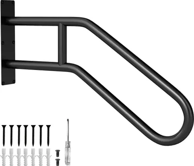 A black U-shaped handrail mounted on a white background, with screws and wall anchors shown below.