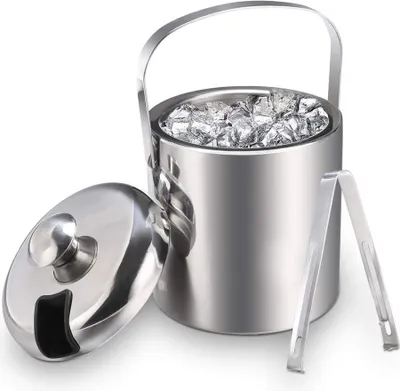 Produktbild von Eiskübel Edelstahl Eisgefäße mit Deckel und Zange, 1,2 L Doppelwand-Eiseimer Eisbehälter, zum Kühlen von Bier, Champagner, Getränke, Weinflaschen usw.