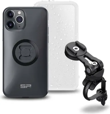 A black phone case with a mount and a white, water-speckled phone case are shown against a white background, along with a black bike mount.