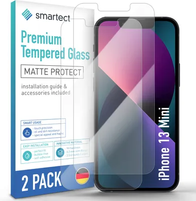 A product package for iPhone 13 mini screen protectors, with a phone displaying the product.