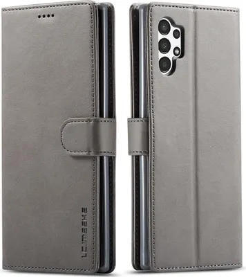 A gray leather flip case for a Samsung Galaxy A13 4G phone is shown from both the front and back.