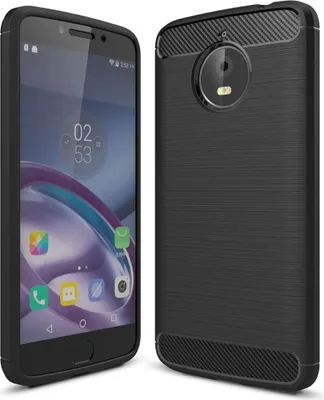 A black carbon fiber textured phone case is shown next to a smartphone displaying the time and icons.