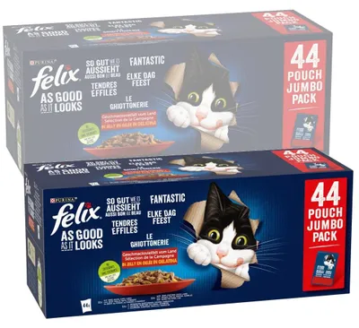 Produktbild von Felix Fantastic Nassfutter für Katzen, Geschmacksrichtungen Landleben in Gelee, 7,48 kg (88 x 85 g), Rind, Huhn, Ente, Lamm