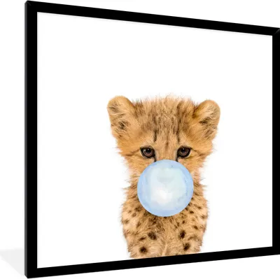 Produktbild von MuchoWow® Gerahmtes Poster Leopard - Tiere - Junge - Kind - Kaugummi - Blau 40x40 cm - Poster mit Schwarzem Bilderrahmen Wandposter Rahmen Foto Bilder - Mit Rahmen - Wanddekoration Schlafzimmer