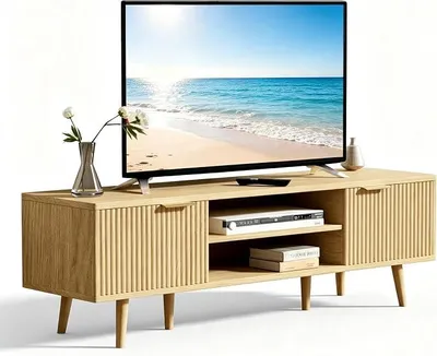Imagen del producto de Mueble de televisión de 140 cm de largo, con dos compartimentos cerrados y dos espacios abiertos, en madera de roble