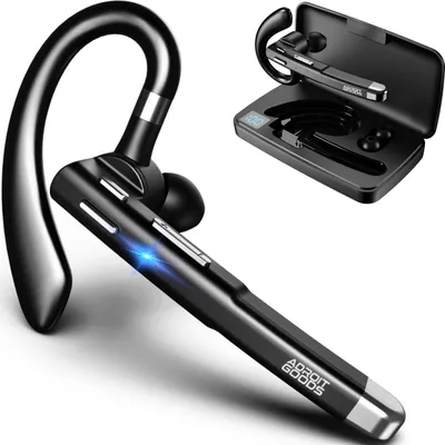 A black wireless headset with a charging case.
