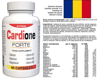 A bottle of Cardione Forte food supplement with nutritional information and Romanian flag.