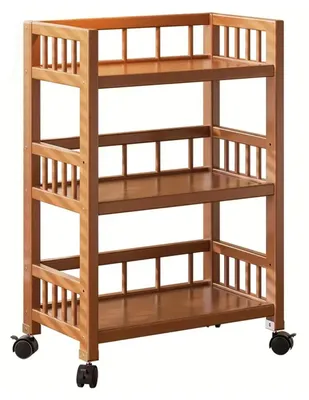 Image de Chariot de cuisine en bambou à roulettes - Étagère à 3 niveaux - Pivotant à 360° - Avec roulettes à frein - Rangement pour snacks - Pour la cuisine et le salon