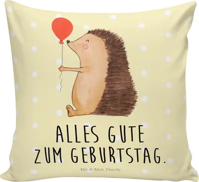 Produktbild von Mr. & Mrs. Panda Sofakissen Igel Luftballon - Gelb Pastell - Geschenk, Sofa Kissen, Herzlichen Glückwunsch, Gute Laune, Happy Birthday, für, bedruckt, Dekokissen, Ballon