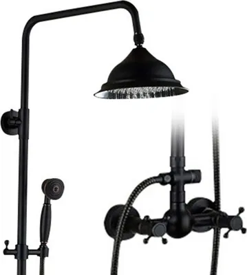 A black vintage-style shower system with a rain showerhead and a handheld shower.