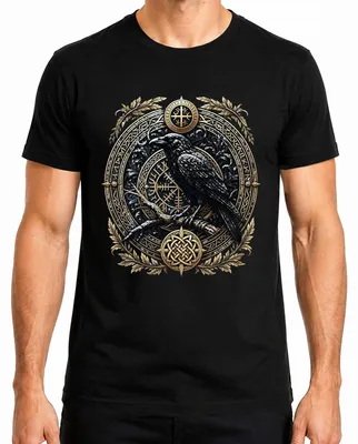 Imagen del producto de Camiseta negra, talla XL, con motivos vikingos: Rabe, runas, Vegvisir, brújula, Odín, Valhalla, Huginn, Muninn, "Señor"