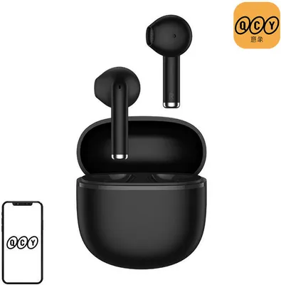 A pair of black wireless earbuds with their charging case, shown with a smartphone displaying the brand logo.