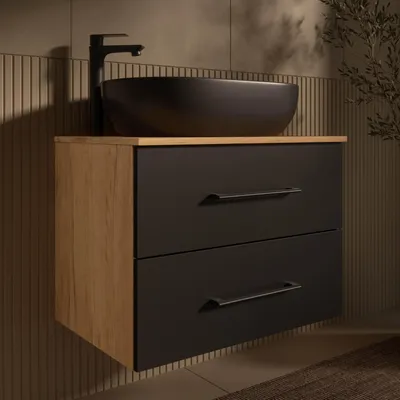 Produktbild von Planetmöbel LUX Badmöbel-Set Waschtisch mit Unterschrank Gold Eiche/Anthrazit 70 cm hängend inkl. Aufsatz-Waschbecken 60 cm schwarz