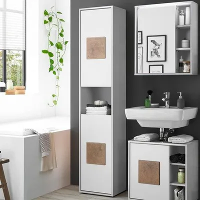 Image de Armoire haute blanche avec inserts en bois et tiroirs, 40 x 190 x 30 cm, armoire de salle de bains