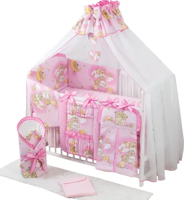 Produktbild von Babybettwäsche Komplettset 16 Teilig ohne Bett für Bettchen in Größe 60x120 aus 100% Baumwolle inkl. Moskitonetz - Rosa Teddybär auf Leiter