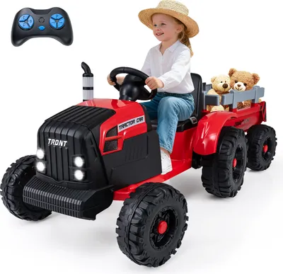 Zdjęcie produktu dla COSTWAY traktor elektryczny z przyczepą, traktor 24 V z pilotem, muzyką, USB, łagodnym rozruchem i diodami LED, traktor elektryczny dla dzieci 3+ czerwony