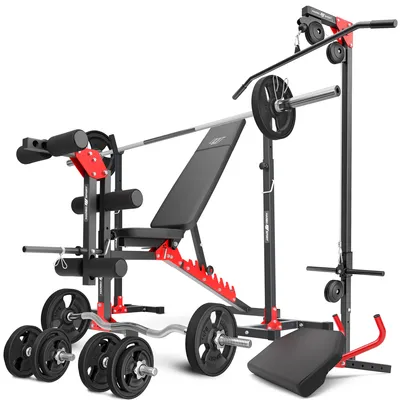 Obrázek produktu pro Marbo Sport Sada MH25_132KG_KIER_G | Posilovací lavice MH-L115 + 2x stojan na činky MH-S201 + posilovač nohou + stanice na latissimus + lavice na biceps + tyče/činkové kotouče 83 kg