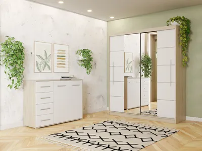 A bedroom scene with a wardrobe and a chest of drawers.