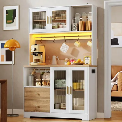 Produktbild von Hochschrank mit LED Steckdose Weinregal Küchenschrank Vitrine Buffetschrank Kaffeebar Natur Weiß Holzoptik 110x40x178 cm