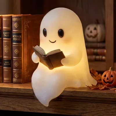 Produktbild von Halloween Geisterstatue Nachtlicht,Niedliche Bücher Geisterleselampe,Halloween-Dekoration,3D-LED-Nachtlicht für Schlafzimmer,Party,Regal (Klein-15cm)