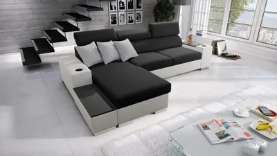 Produktbild von Ecksofa mit Schlaffunktion Eckcouch PERS I MINI Sofa (Schwarz Sawana 14 + weißes Kunstleder, Links)