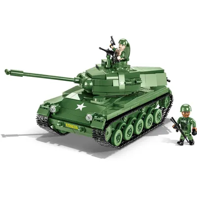 A toy tank with two toy soldiers on a white background.