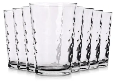 A set of clear glasses with a textured surface.