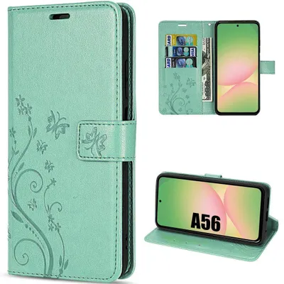 Image de Coque pour Samsung Galaxy A56 5G, Protection Rabat Cuir Synthétique Antichoc Vert Motif Papillon Fleurs