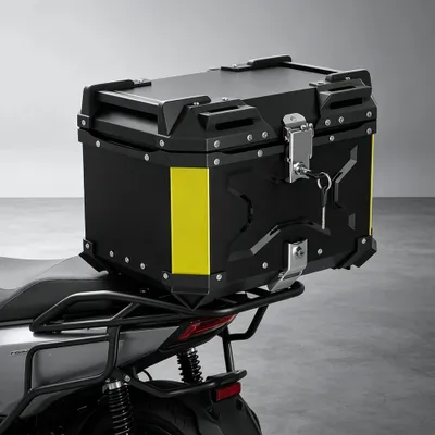 Image de Top-caisse pour moto - Boîte de chargement arrière - 45 litres - Aluminium - Rangement pour casque - Intérieur en cuir - Étanche - Fermeture rapide