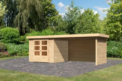 Produktbild von Karibu Gartenhaus Gerätehaus Askola 3,5 im Set mit Anbaudach 2,80 m Breite und 19 mm Seiten- Rückwand naturbelassen 500x246x211 cm