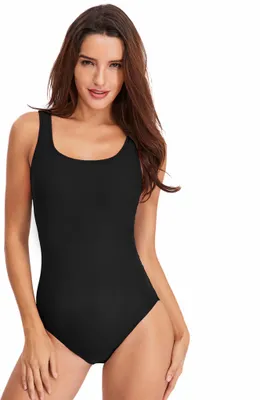 Produktbild von Damen 1 Stück Badeanzug Sport lebendige Farbe Blockieren U-Rücken ein Stück Badeanzug Schwarz XL
