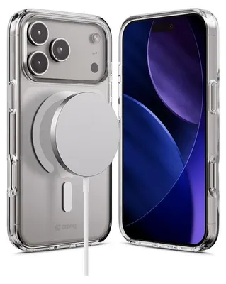 A transparent phone case with a magnetic charging accessory attached, shown next to a smartphone.