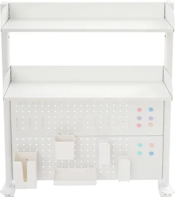 Image de Organiseur de bureau - Étagère verticale à fixation par pince avec panneau perforé - Rangement à plusieurs niveaux - Acier et MDF - Dimensions : 80 x 12,5 x 95 cm - Blanc