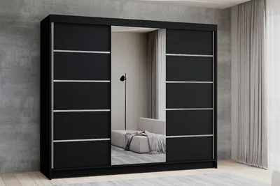 Produktbild von Easy Furniture D6 Schiebetüren Kleiderschrank 200 cm mit Spiegel - Schlafzimmermöbel, Aufbewahrung - Mehrzweckschrank - Farbe: Schwarz - 3 Schiebetüren - Kleiderschrank